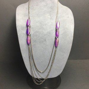 Iridescent Purple Multistrand Necklace Long Faceted Silver Mesh Chain Retro